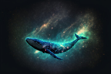  Conceptual illustration  of a whale in space with stardust. Generative Ai.