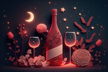 Paper Craft Style Illustration Of Wine Or Champagne Bottle With Empty Paper Label For Your Message, Romantic Moonlight Night With Blossom Rose