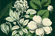botanic print vintage style in a hand draw green and white sketch style, generative AI