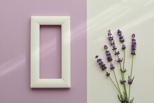 Mockup With White Blank Frame On Gentle Violet   Background  With Lavender Flowers.