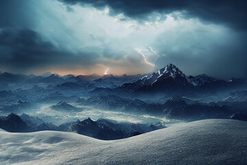 The snowy mountains were covered with black clouds, with lightning coming down below with Generative AI