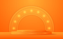 Orange Podium Has A Orange Round Shape On The Back For Product Presentation. Cosmetic Product Display. Vector Illustration
