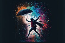 A Person Holding An Umbrella In The Rain With Colored Splatters All Around Them And A Person Jumping In The Air With Their Arms Up In The Air With Their Arms And Arms Up., Generative Ai
