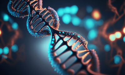 Aufkleber - Concept of the evolution of human DNA in the distant future. View under the microscope. Blue helix background close-up. Generative ai