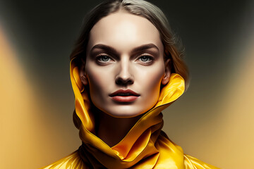 Fashion portrait. caucasian woman wearing yellow stylish outfit. Generative ai