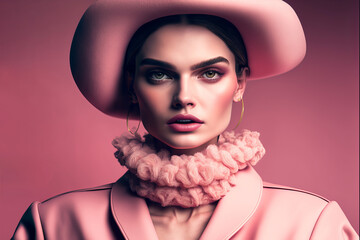 Wall Mural - Fashion portrait. Caucasian woman wearing pink high fashion clothing. Generative ai