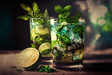 Two Homemade Lemonade Or Mojito Cocktail With Lime, Mint And Ice Cubes In A Glass On A Dark Stone Table. Fresh Summer Drink. With Copy Space.