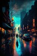 a man walking down a street in the rain with an umbrella over his head and a car parked on the side of the road in front of the street, and a dark city street., generative ai