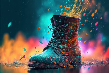 Wall Mural - a painting of a pair of boots with colorful paint splashing out of the inside of them on a dark blue background with a splash of water and colorful drops of light coming from the bottom. generative ai