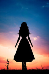 Wall Mural - The silhouette of girl at sunset