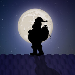 Wall Mural - silhouette of Santa Claus on the roof in the moonlight