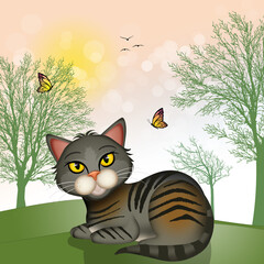 Sticker - cat in the spring landscape