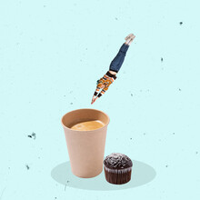 Contemporary Art Collage. Creative Design. Young Woman Diving Into Cup With Coffee With Milk. Coffee And Muffin Over Blue Background