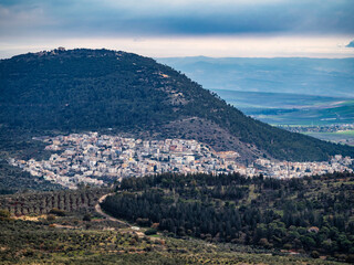 Canvas Print - View of the biblical Mount Tabor and the Arab villages at its foot, neighborhood Nazareth, Israel