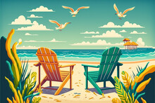 Beach With Chairs. Generative Ai Illustration In Vector Style.