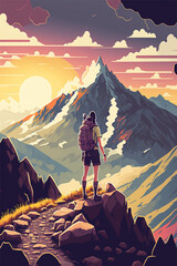 Wall Mural - Female hiker on top of the mountain. Generative Ai illustration in vector style.