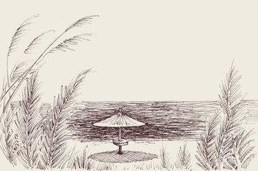  Sun umbrella in the sand on the beach vector hand drawing
