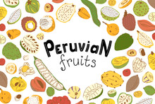 Rectangular Lettering Peruvian Fruits With A Large Set Of Latin American Berries And Fruits.