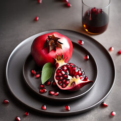 Wall Mural - pomegranate on a plate in luxurious cozy setting