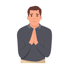 Young man with hands in prayer ask for forgiveness. Male join hands feel grateful or thankful. Gratitude concept. Flat vector illustration isolated on white background