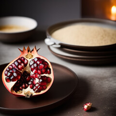 pomegranate on a plate in luxurious cozy setting