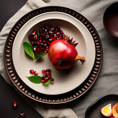 Wall Mural - pomegranate on a plate in luxurious cozy setting