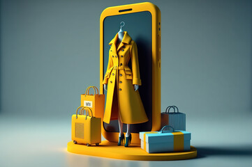 Online shopping concept. Realistic 3d illustration. Fashion on internet, Design element for web or banner design. Virtual clothing and fashion in metaverse (ai generated)