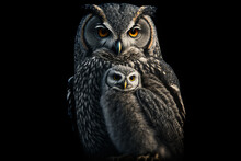 Mother Owl With Her Owlet, Motherhood Concept. Female Owl With Small Cute Howlet On Black Background. Love And Parenthood Concept. Generative AI Adorable Owls Background.