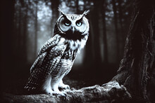 Great Horned Owl In Flight Black White Background.