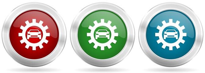 Poster - Auto service vector icon set. Red, blue and green silver metallic web buttons with chrome border