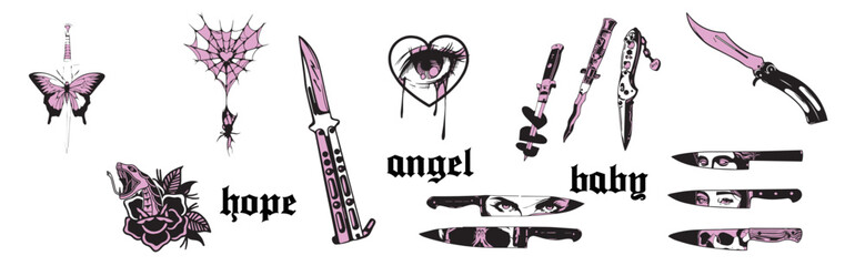 Y2k glamour pink stickers. Butterfly, kawaii bear, fire, flame, chain, heart, tattoo and other elements in trendy emo goth 2000s style. Vector hand drawn icon. 90s, 00s aesthetic. Pink pastel colors.
