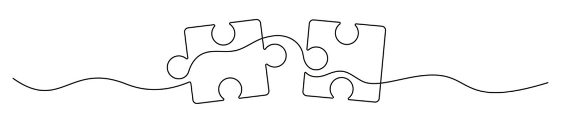 Wall Mural - Two connected puzzles line art. Jigsaw pieces continuous one line drawing. Vector isolated on white.