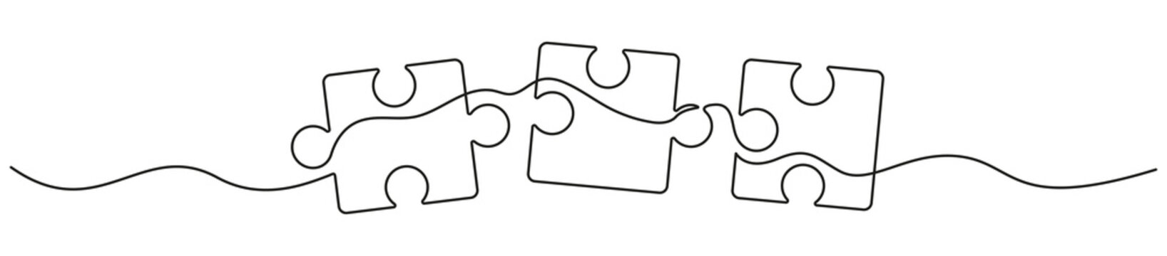 Three connected puzzles line art. Jigsaw pieces continuous one line drawing. Vector isolated on white.