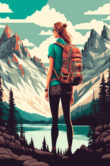 Wall Mural - Female hiker reaching her goal at the mountain top and looking at the majestic panoramic view. Generative Ai.