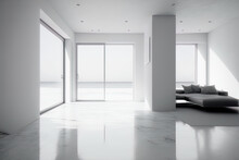 A Contemporary Beach House Or Apartment With An Empty White Wall And A Concrete Floor. Illustration Of A Sunny Living Room In A House With A Sea View In The Distance. Generative AI