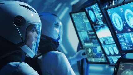 Wall Mural - team of astronauts in a space suits aboard the orbital station. a crew of cosmonauts piloting the sp