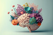 Human brain made of flowers created using Generative AI technology. Concept of mental health.