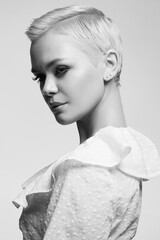 Wall Mural - black and white portrait of short hair beautiful young woman