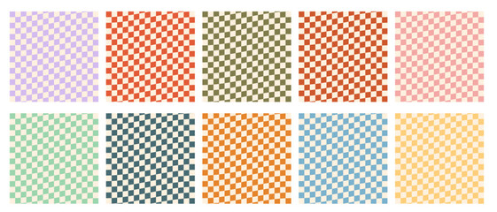 Wall Mural - Vector set of checkered retro seamless patterns.Retro groovy checkered distorted patterns.Retro wavy psychedelic checkerboard