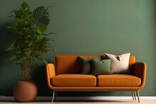 Simple, Minimalistic Contemporary Decor With A Brown Couch Against A Green Wall,. Generative AI
