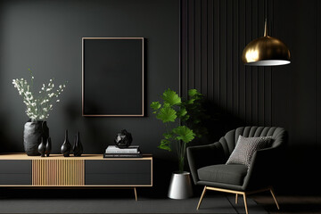 Wall Mural - Modern luxury living room interior background, living room interior mockup, interior with black walls, dark interior of living room with black wall, chair, and wooden console,. Generative AI