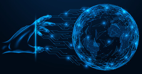 Wall Mural - Global access to the Internet space. Hand connects to the digital planet Earth. Polygonal design of lines and dots. Blue background.