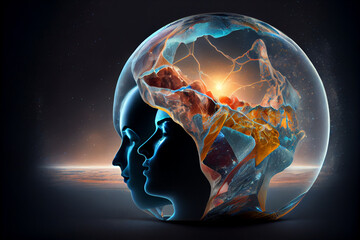 Poster - Human looking in infinity space galaxy. Earth background. 