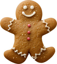 Christmas Happy Gingerbread Man, Isolated On Transparent Background. Holidays Biscuit.