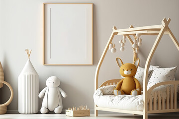 Sticker - mock up frame in a kids' room with furnishings made of natural wood,. Generative AI