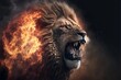  a lion with its mouth open and it's mouth wide open, with flames in the background and a black background with a yellow circle of smoke and orange light coming from the top. Generative AI