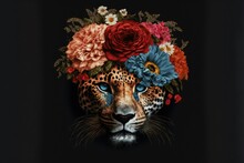  A Painting Of A Leopard With A Floral Crown On Its Head And Flowers On Its Head, On A Black Background, With A Black Background, With A Red Rose, Blue, Red, And White, And. Generative Ai