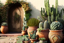 Illustration Of Beautiful, Cactus And Succulent Pots Garden  In Peaceful Atmosphere Background