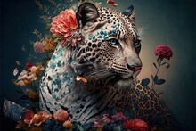 A Painting Of A Leopard With Flowers On Its Head And A Butterfly On Its Neck, With A Blue Background And A Leopard With A Red Flower On Its Head, With A Blue Background. Generative AI