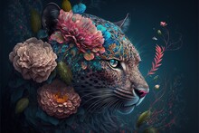  A Painting Of A Leopard With Flowers On It's Head And A Butterfly On Its Head, With A Blue Background And A Dark Background With Pink, Red, Yellow, Pink, Blue, And Green, And White, And.